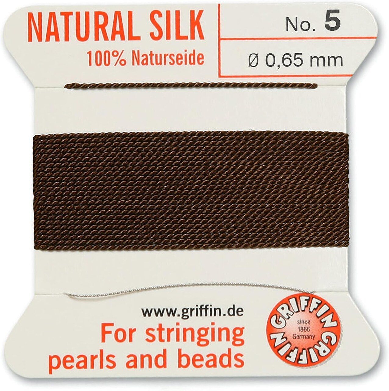 Griffin Silk Bead Cord Perlseide – Size 5 (0.65mm) – 2 Meters per Card – Stainless Steel Needle Attached – for Knotting Pearls, Gemstones, Crystals and Beads